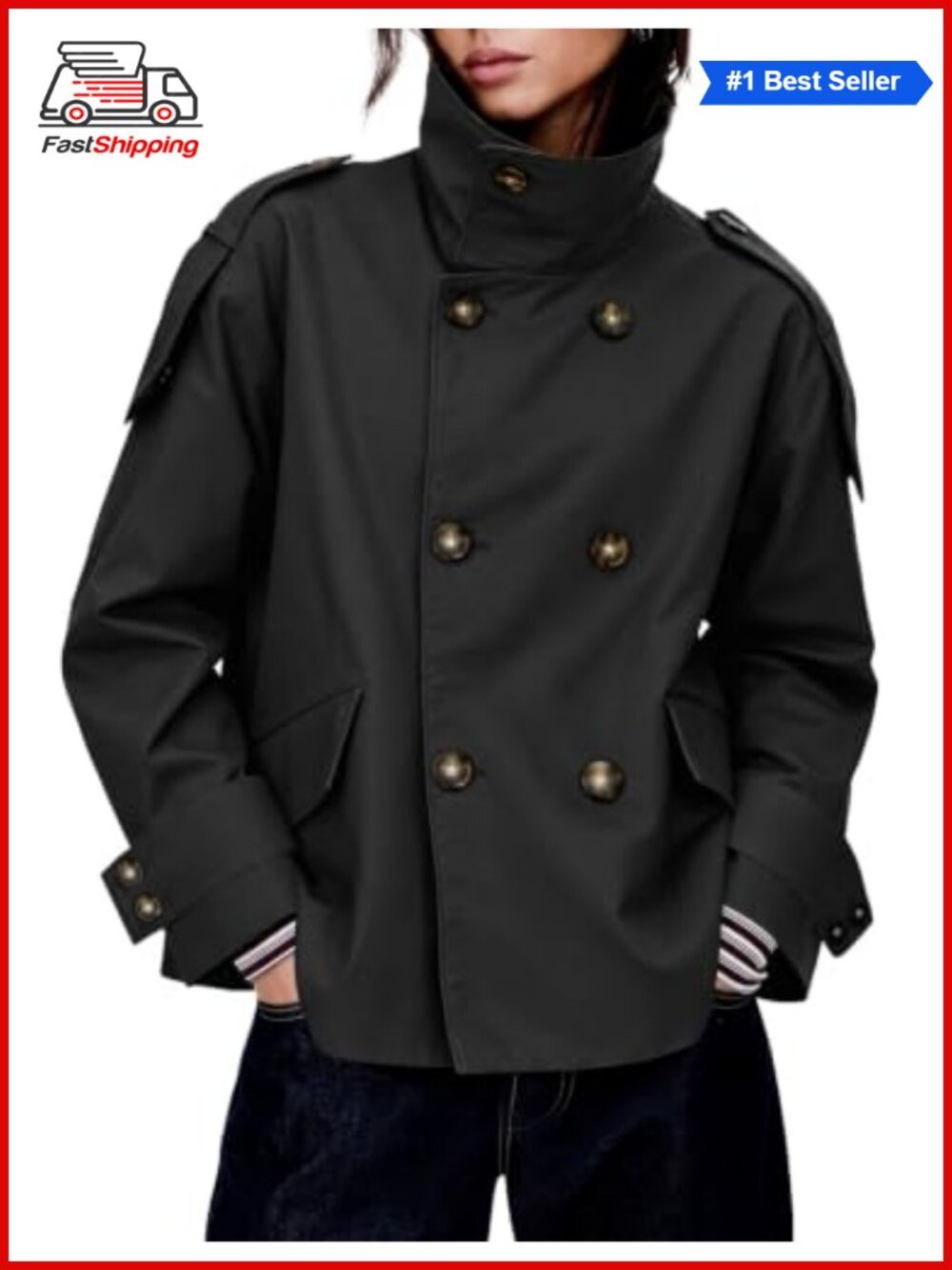 ✨ Oversized Double Breasted Cropped Trench Coat Relaxed Fit Fall Jacket